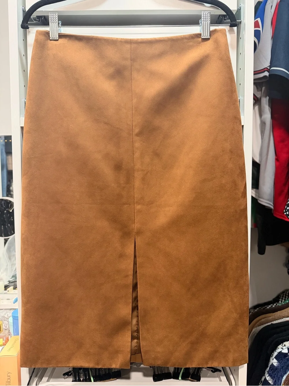 H&M Camel Faux Suede Midi Pencil Skirt with Front Slit